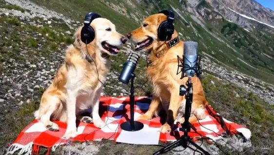 Sora根据“两只金毛犬在山顶上录制播客”生成的视频 图源:视频截图